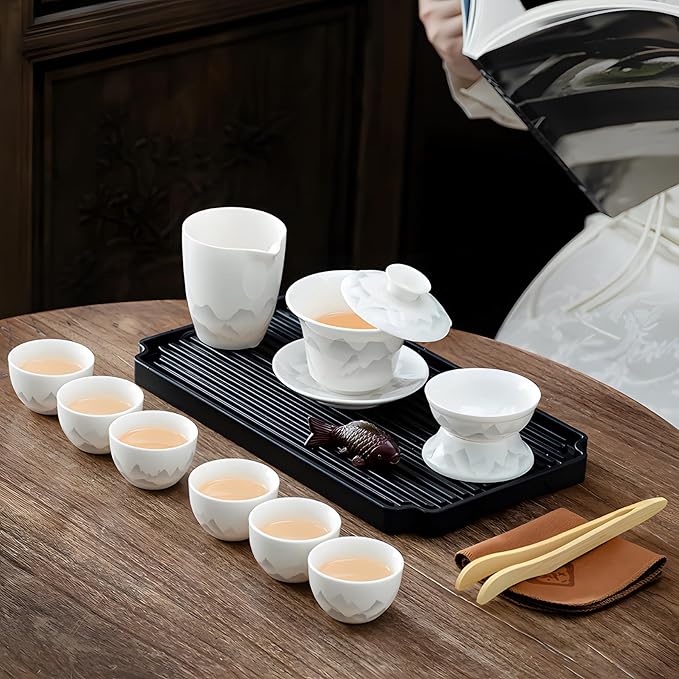 ICHAG Chinese Tea Set, Gongfu Tea Sets for Adults, China Gaiwan Teaset, 14-Piece Yangzhi Jade (茶具) Porcelain Set with Suspended Gaiwan & Tea Pet, Portable Travel Teaset for Home, Outdoor, Office Gifts - Bloomnest
