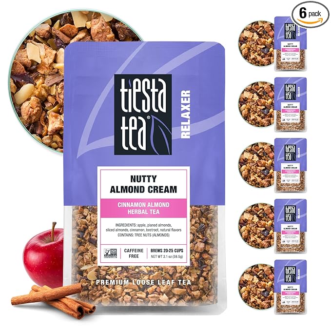 Tiesta Tea - Nutty Almond Cream, Loose Leaf, Cinnamon Almond Herbal Tea, Premium Non-Caffeinated Blend, Make Hot or Iced & Brews Up to 25 Cups, 12.6oz Resealable Pouch, Pack of 6 - Bloomnest