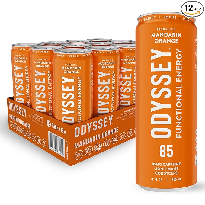 Odyssey Functional Energy Drink for Focus, Cognition & Mood Support 12 Pack - Adaptogenic Drink with 85mg Green Tea Caffeine, Lion’s Mane, Cordyceps, L-Theanine & Ginseng, Sparkling Orange - Bloomnest