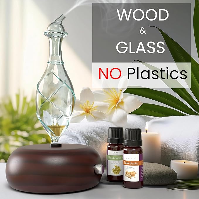 ArOmis Premium Glass Essential Oils Nebulizer - Waterless Diffuser for Aromatherapy - Handmade Oil Diffuser, Wooden Base, No Plastic, No Heat, No Battery, No LEDs - Orbis Nox Vitis ArOmis