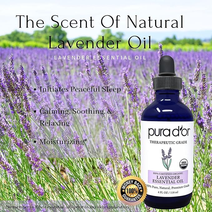 PURA D'OR Organic Lavender Essential Oil (4oz with Glass Dropper) 100% Pure & Natural Therapeutic Grade for Hair, Body, Skin, Aromatherapy Diffuser, Relaxation, Meditation, Massage, Home, DIY Soap - Bloomnest