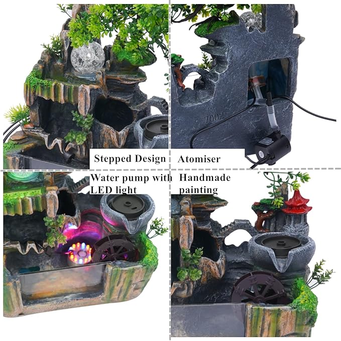 Rockery Fountain Indoor Tabletop Water Fountains Atomizing Humidifier Fountain Desktop Decorations, with LED Light, 110V Waterfall with Rockery Resin Ornament for Home, Office Decoration.