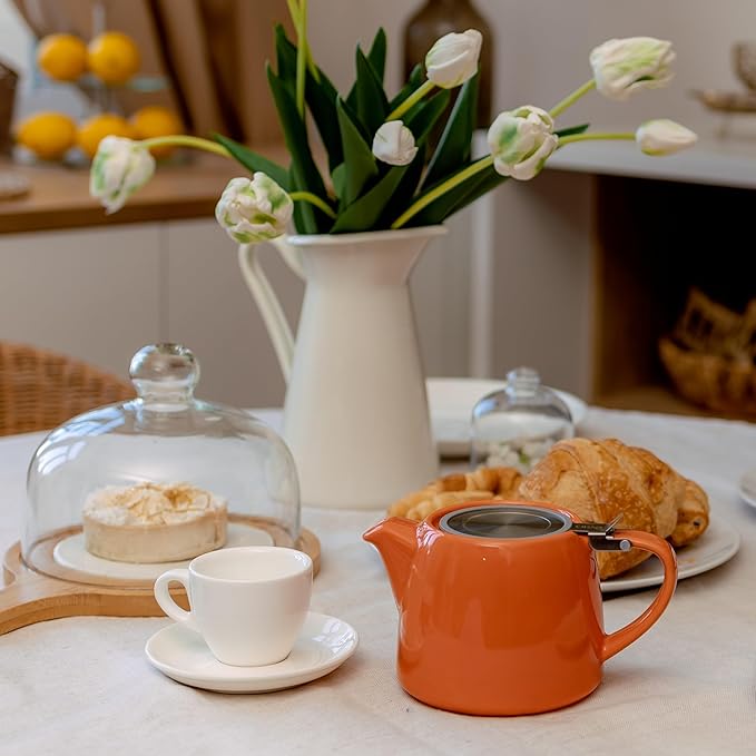 ORNA Ceramic Teapot with Tea Infuser – Small Tea Pot for Loose Leaf Tea – 550ml / 18.6 Oz Porcelain Non-Stove Teapot for 2 Cups with Tea Strainer (Orange) - Bloomnest