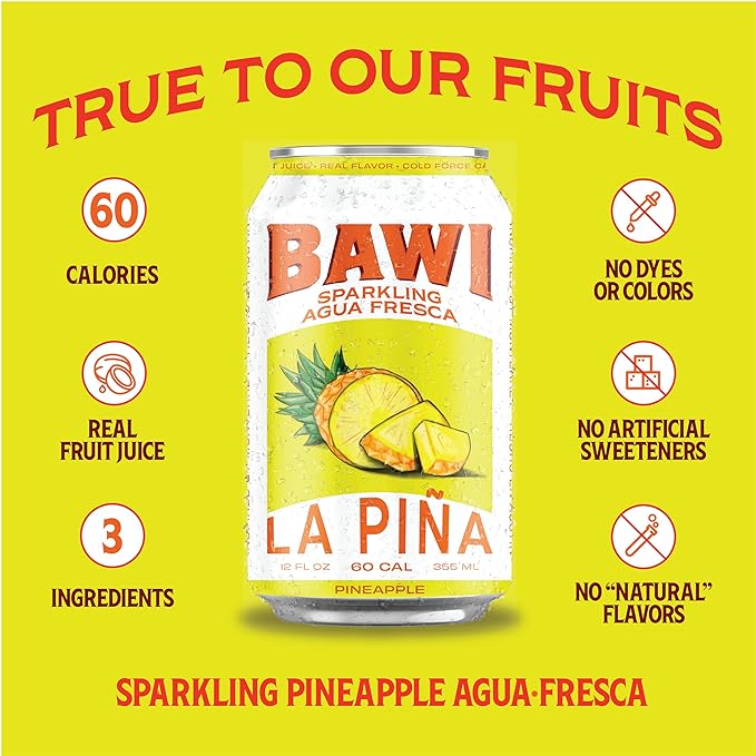 Bawi La Pina Sparkling Agua Fresca, 12 Pack - Pineapple Flavored Water, Plant-Based, Low Calorie, Less Sugar, Culturally-Rooted, Mexican Drink, Made in USA, Better-For-You Soda, Authentic Mexican Drink - Bloomnest