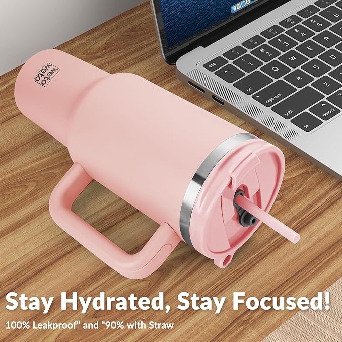 WETOWETO 40oz Tumbler with Handle and Lid | 100% Leakproof Insulated Stainless Steel Travel Mug | Keeps Cold 34Hrs/Hot 10Hrs | Dishwasher Safe, Fits Car Cup Holder (Blush Color) - Bloomnest