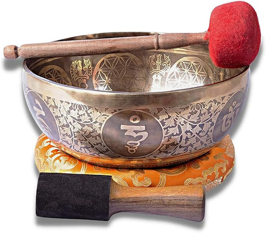 Large Tibetan Singing Bowl Set - 9" Master Healing Grade For Sound Bath Chakra 7 Metal Meditation Yoga By Himalayan Bazaar HimalayanBazaar