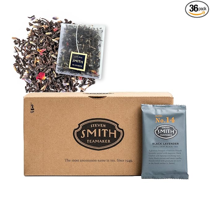 Steven Smith Teamaker Black Lavender No. 14, Caffeinated, Sugar-Free, Sustainably Grown Full Leaf, Plant Based Black Tea Bags, 36 Sachets, 1.32oz each - Bloomnest