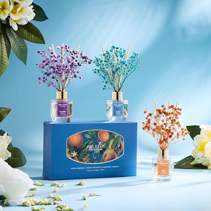 Airkeep Reed Diffuser Set of 3, Ocean Breeze Sweet Orange Cashmere Vanilla Oil Reed Diffusers for Bedroom Living Room Office Aromatherapy Oil Reed Diffuser for Gift 50ml x 3 - Bloomnest