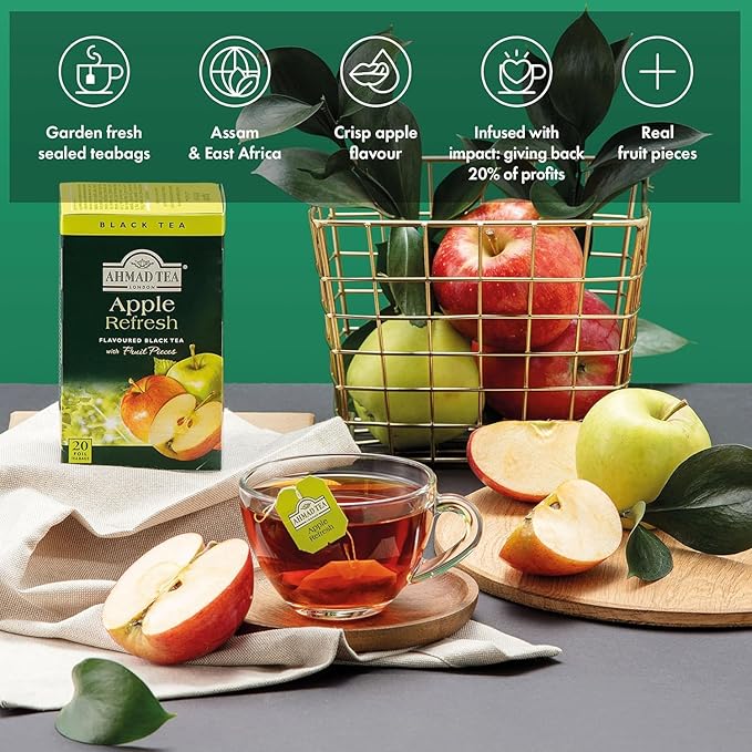 Ahmad Tea Black Tea, Apple Refresh Teabags, 20 ct (Pack of 1) - Caffeinated & Sugar-Free - Bloomnest