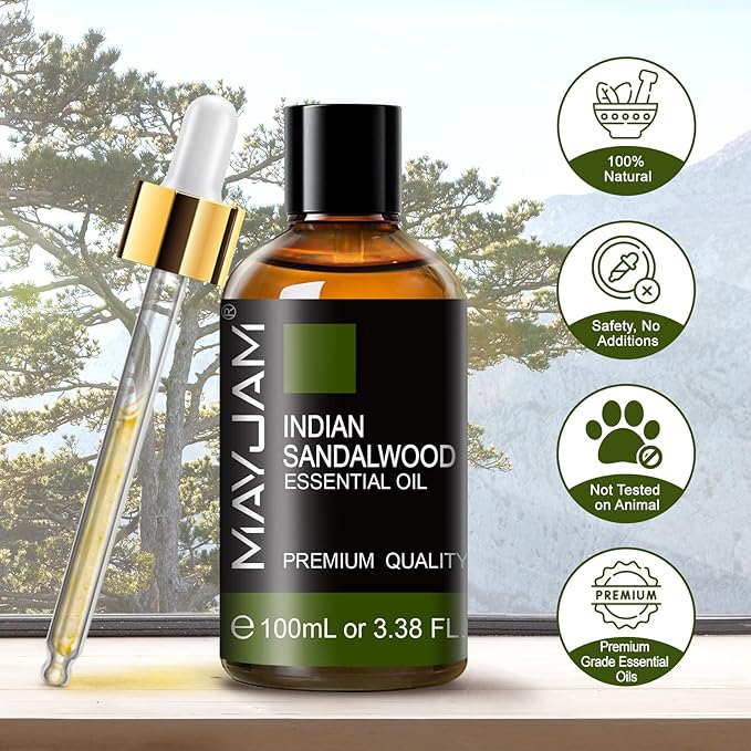 MAYJAM Indian Sandalwood Essential Oils 3.38 FL.OZ Pure Indian Sandalwood Oil for Massage Skin Care Hair Care Diffuser Candle and Soap Making - 100ml - Bloomnest