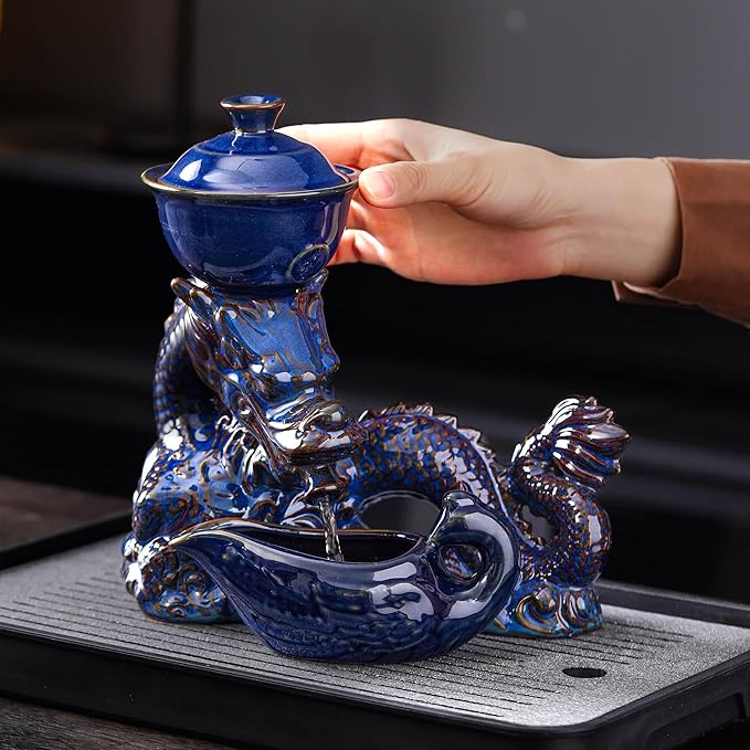 Semi Automatic Tea Set Ceramic Teapot with Infuser Magic Teapot with 8 cups Gradient Color (Dark Blue Dragon-C) - Bloomnest
