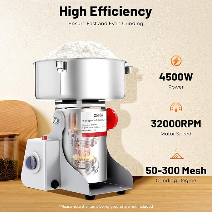 Electric Grain Mill Grinder, 2500g/5.51lb High-speed 32000r/min Food Grinder, 110V 4500W Countertop Grain Mill for Dry Spice Herbs Grains Coffee Rice Pepper (2500g) - Bloomnest