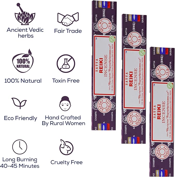 Satya Reiki Incense Sticks, Satya Bng (Bangalore) Insenses 15gmx12 Pack with Raajsee Incense Holder Bundle, Satya Nagchampa Natural Incense