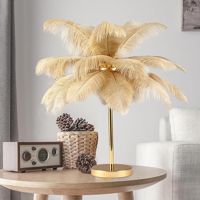 MAYOLA Modern Ostrich Feather Table Lamp with Plug in Wire,3-Light Bedside Floor Lamp for Living Room, Bedroom and Office 24” Tall Feather Desk Lamp (Ostrich Color, Table Lamp-Metal) - Bloomnest