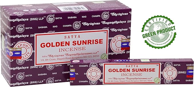 EARTH Satya Golden Sunrise Incense Sticks 15 GMS (Pack of 12) (Green Certified) Indian Perfumed Hand Rolled Agarbatti Perfect for Worship,Relaxation, Medication. Earth