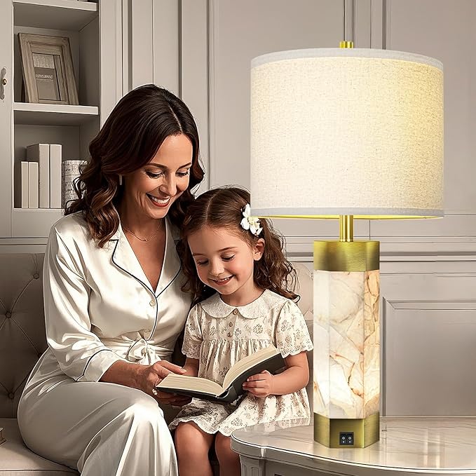 Natural Alabaster Table Lamps Set of 2,Table Lamp with Night Light for Living Room,Nightstand Lamp with USB Ports,Bedside Lamp with Linen Fabric Shade for Bedroom,Living Room,Office,Bar(Bulb Included) - Bloomnest