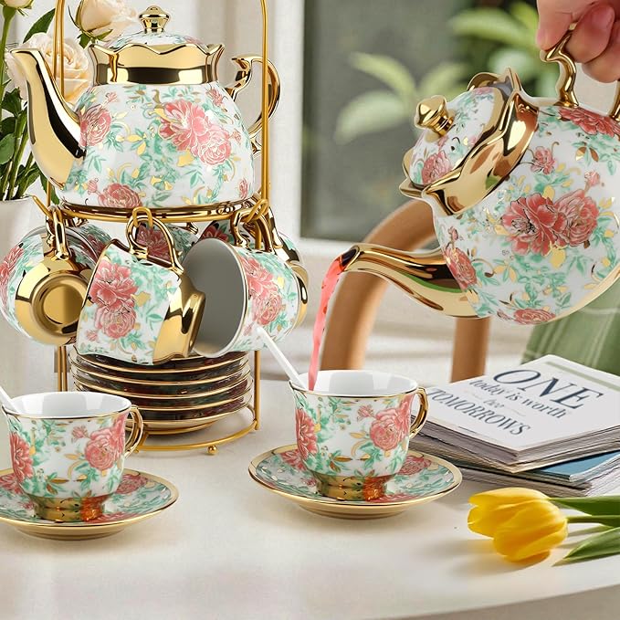 20 Pcs Porcelain Tea Set with Metal Holder, Adult Tea Set Gift, European Ceramic Tea Set for Adults, Flower Tea Cup Saucer Set for Party With Gold Flower Painting (Vibrant Green) - Bloomnest