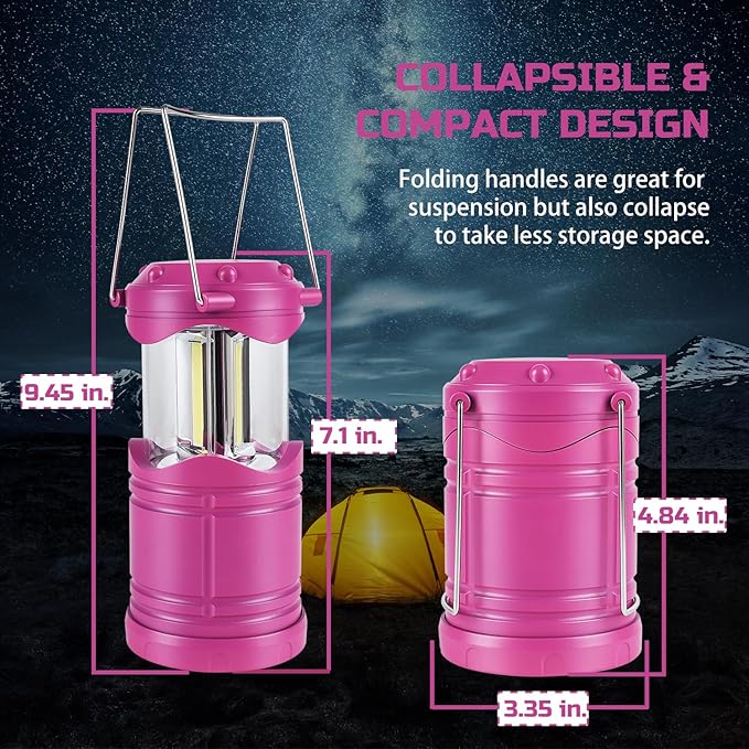 Lichamp LED Camping Lantern, 4 Pack Battery Powered Flashlight for Power Outages, Portable Collapsible Hanging Light Essential for Home, Outdoor, Emergency Lamp Survival Kit Gear for Hurricane, Pink - Bloomnest