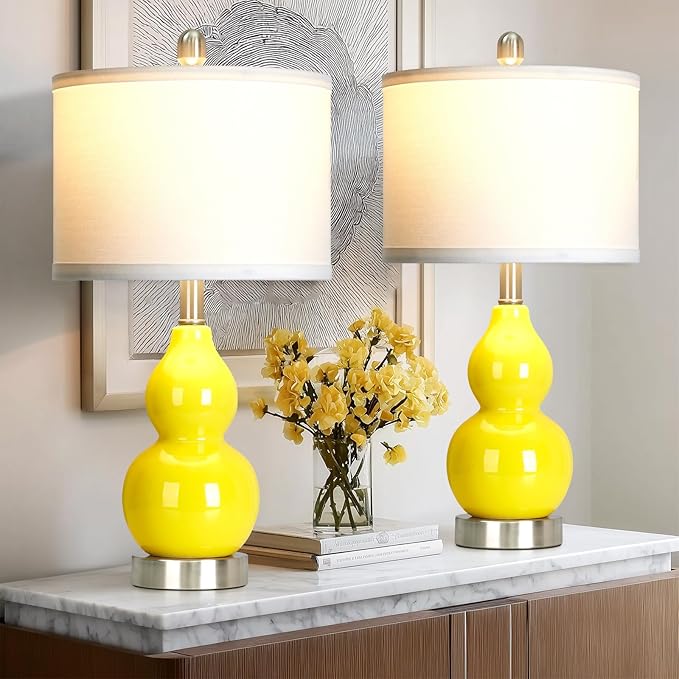 Double Gourd Ceramic Table Lamps Set of 2, Yellow Modern Bedside Lamps for Living Room, Contemporary Nightstand Desk Lamps for Bedroom End Table Home Office Decor(2 LED Bulbs Included) - Bloomnest
