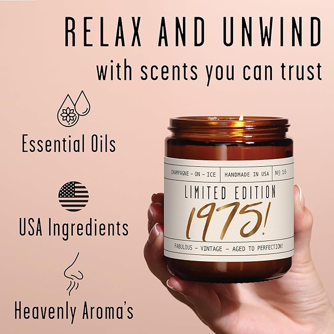50th Birthday Gifts for Her, 50th Birthday Gifts for Women - 'Limited Edition 1975' Soy Candle, w/Champagne on Ice I 50 Year Old Gift for Women I 9oz Reusable Jar, 50Hr Burn, Made in USA - Bloomnest