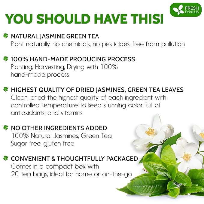 FreshDrinkUS, Premium 20 Tea Bags of Jasmine Green Tea, 100% Natural. Exquisite Flavor, Handpicked Leaves, Perfect for Tea Lovers. No Sugar, No Gluten, Vegan. - Bloomnest