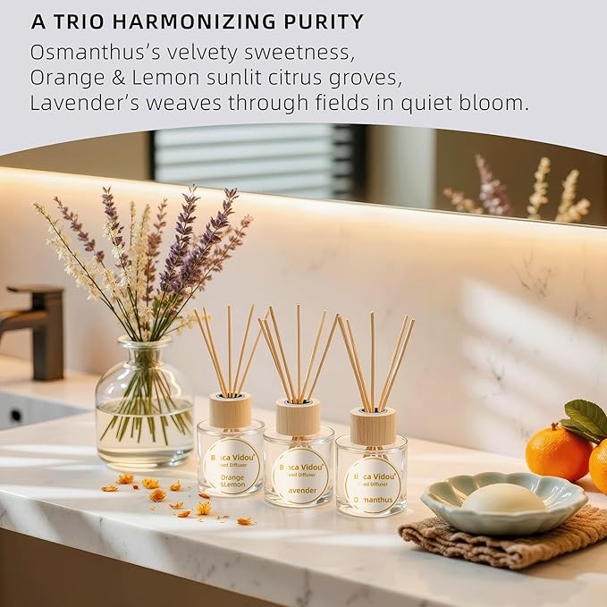 Binca Vidou Reed Diffuser Set, Lavender Osmanthus Orange&Lemon Scent Oil Diffusers with Sticks for Home Office Bathroom Aromatherapy Decor 1.69oz X 3 - Bloomnest