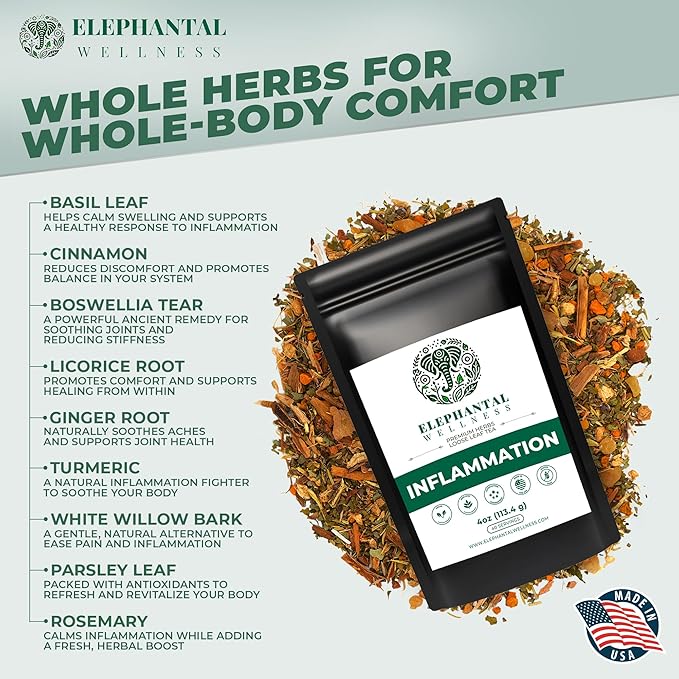 Elephantal Wellness Premium Inflammation Herbal Tea | Comfort & Mobility Blend with Turmeric, Boswellia, White Willow Bark & Ginger | Handmade, Non-GMO, Caffeine-Free Loose Leaf, 4oz, 40 Servings - Bloomnest