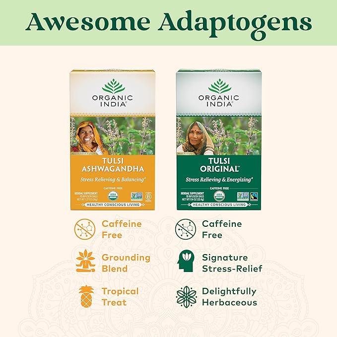 ORGANIC INDIA Tulsi Original Herbal Tea - Holy Basil and African Basil Calming and Stress Relief Tea, Immune Support, USDA Certified Organic, Non-GMO, Caffeine-Free - 18 Infusion Bags, 6 Pack - Bloomnest