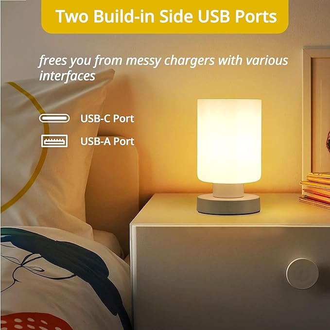 Touch Bedside Lamp, Mini Stepless Dimmable Table Lamps for Bedroom for Night Stands, Small Desk Lamp with Brightness Memory, USB Charging Ports, Warm LED Bulb, White, Cylindrical Shape, 1 Set - Bloomnest