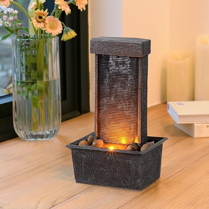 Straight Panel Tabletop Water Fountain LED-Lit – Indoor/Outdoor Decorative Waterfall Feature with Soothing Lights & Flowing Water for Home, Office, or Garden Décor - Bloomnest