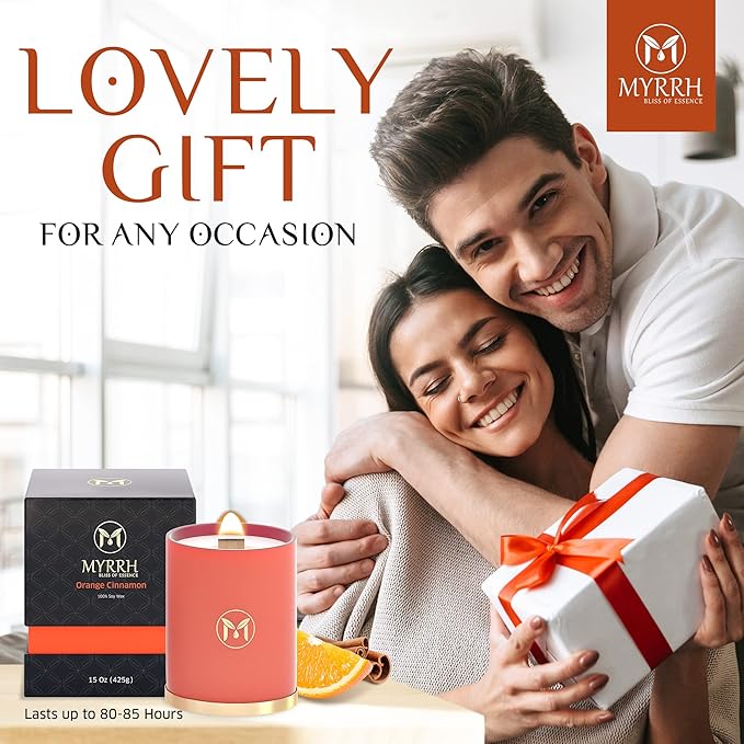 MyrrhUSA Orange Cinnamon Scented Candle – 15oz Natural Soy Wax with Crackling Wooden Wick & Essential Oil | 80 Hour Burn | Luxury Aromatherapy Candle for Relaxation, Home Décor, Living Room & Bathroom - Bloomnest