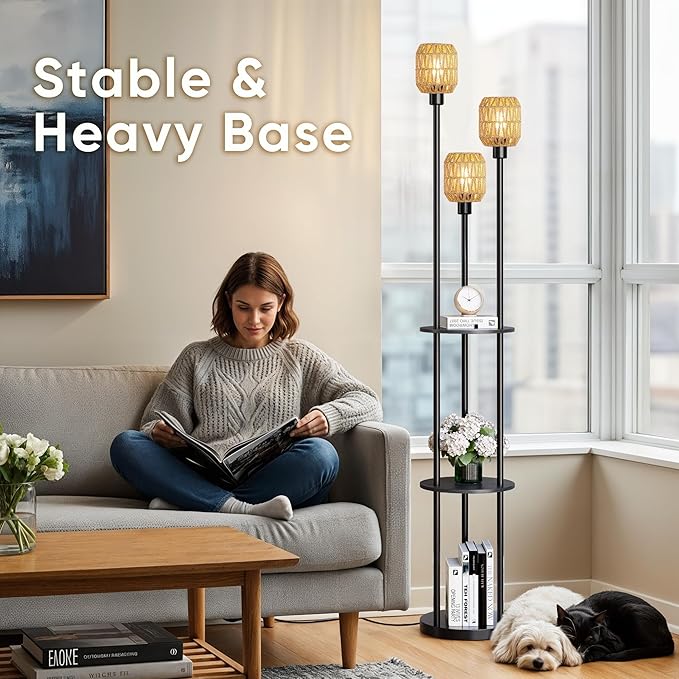 WIHTU 70" Boho Floor Lamp, Dimmable Rattan Floor Lamp with Shelves, 3 Lights Rustic Tall Lamps with Rotary Switch, Farmhouse Standing Lamps for Living Room, Bedroom，Office (Includes 3 Bulbs) - Bloomnest