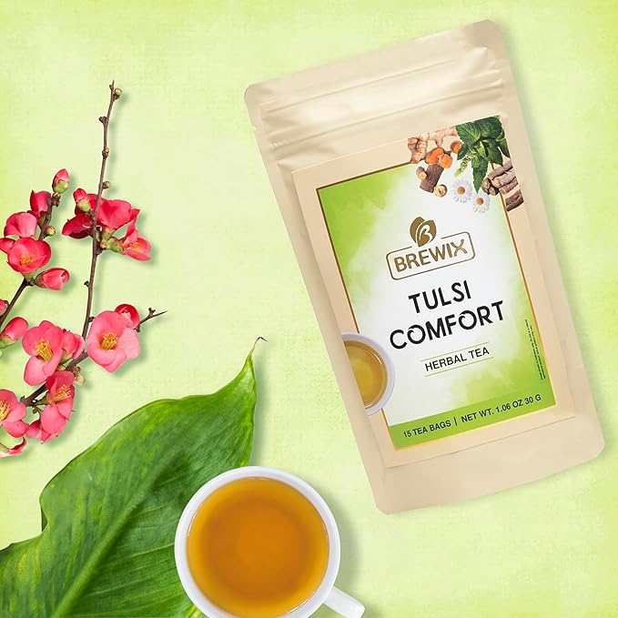 BREWIX Holy Basil Tea Bags (15 Pyramid Tea Bags) | Tee With Tulsi Leaves and Chamomile | Caffeine Free, Calming Herbal Tea With Fresh and Cool Flavor - Bloomnest