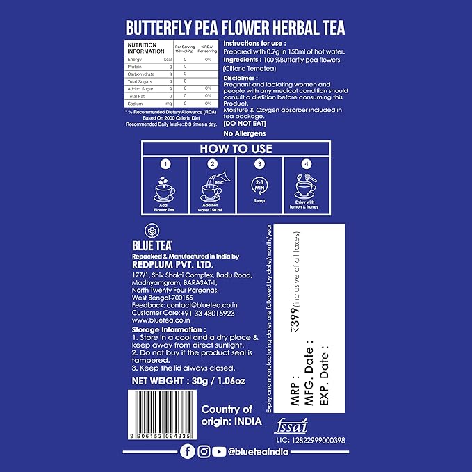 BLUE TEA - Butterfly Pea Flower Tea - 30 Count - Pyramid Plant Based Tea Bags | Black Deals Friday 2025 | ANTIOXIDANT RICH | Herbal Tea - Flower Based - Caffeine Free - Detox Tea - Non Bitter | Zipper Pack - Bloomnest