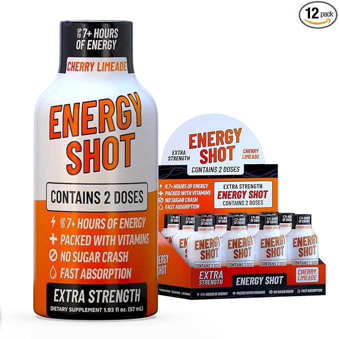 Cherry Limeade Extra Strength Energy Shot 12 pk – 260mg Natural Caffeine B12 B6 – Energy & Focus Support – 2 Servings Sugar Free Zero Calorie Green Tea B-Vitamins Electrolytes Vegan – 1.93 fl oz - Bloomnest