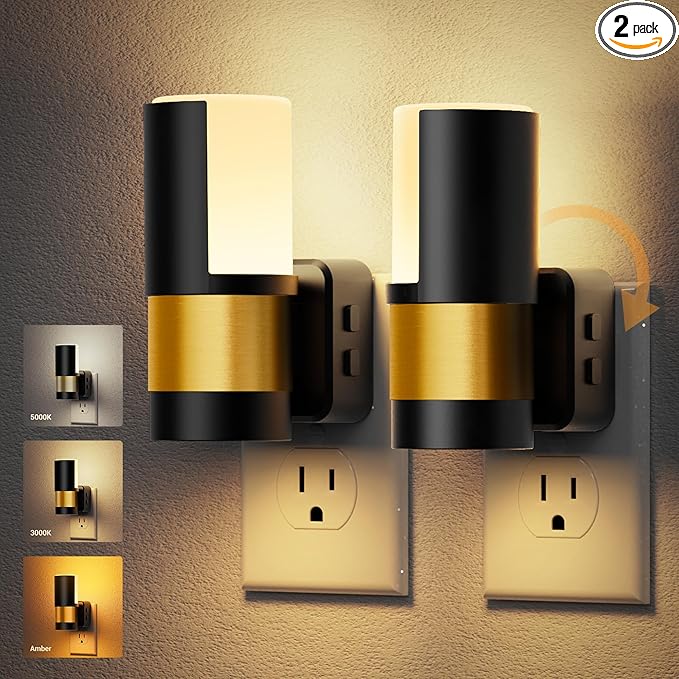 JandCase Plug in Night Light, Rotating Night Light with 3 Colors, 3000K/5000K/Amber, Dimmable Night Lights with Dusk to Dawn Sensor, 360°Rotatable, LED Nightlight for Bathroom Bedroom Hallway, 2 Pack - Bloomnest