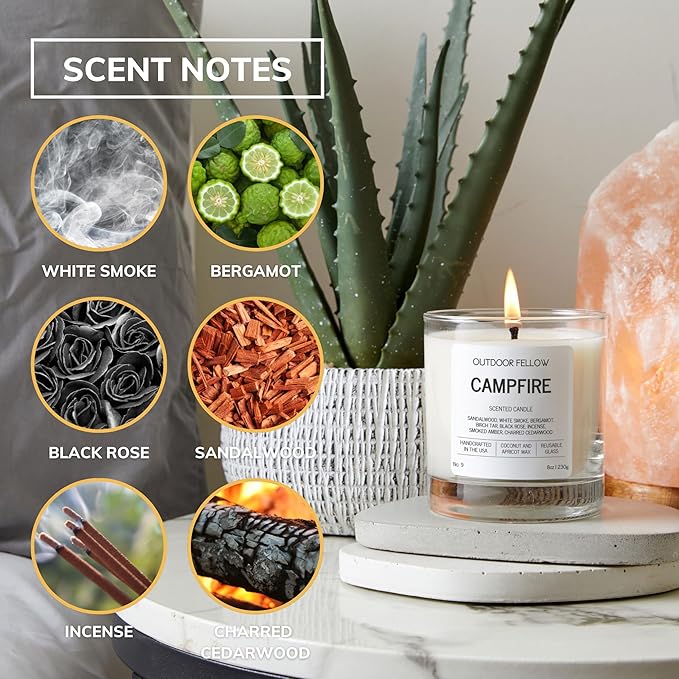 Outdoor Fellow Campfire Scented Candle, 8oz, Coconut & Apricot Wax Blend, Sandalwood, Smoked Amber, Charred Cedarwood, Reusable Glass, 40-50 Hour Burn Time - Bloomnest