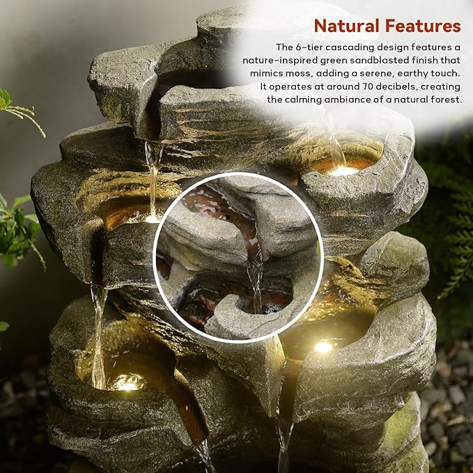 24.2" H Rock Cascading Water Fountain Outdoor&Indoor, 6-Tier Garden Naturefalls Fountains, Floor-Standing Waterfall with Lights for Patio, Backyard, Deck, Porch, Home DéCor, Stone Gray - Bloomnest