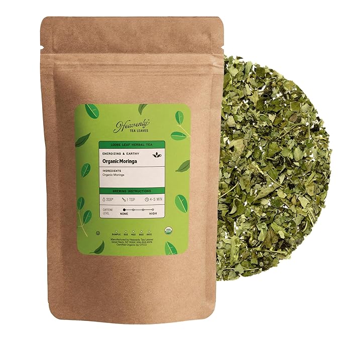Heavenly Tea Leaves Organic Moringa, Loose Leaf Herbal Tea, 4 oz. (Approx. 50 Cups of Tea) - Delicious Hot or Iced, Naturally Caffeine Free, Premium Quality, Wellness Support - Bloomnest