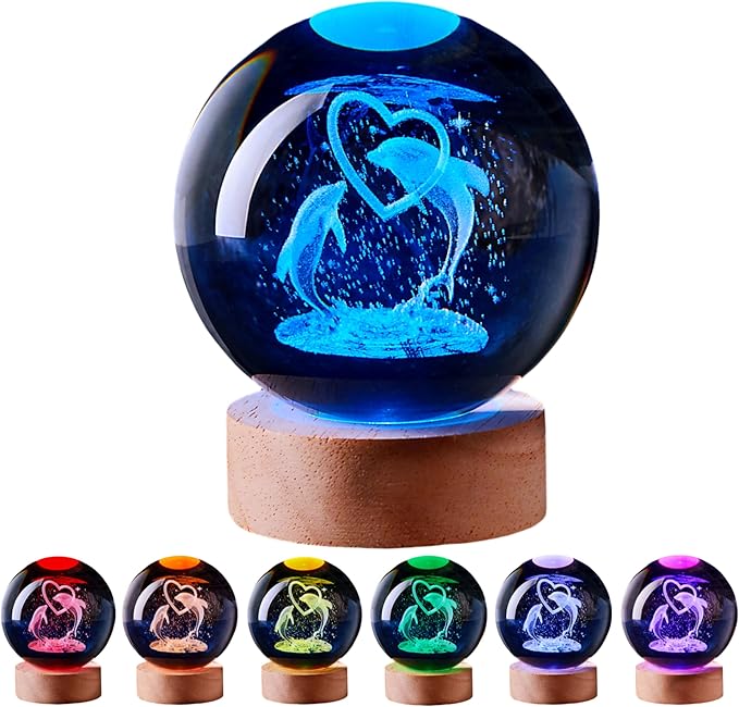 3D Large Dolphin Crystal Ball Night Light with Wooden Base, Dolphins Crystal Lamp Gift for Kids Friends, 16 Color Change with Remote Control, Laser Engraved Underwater World Glass Ball Lamp (Dolphin) - Bloomnest