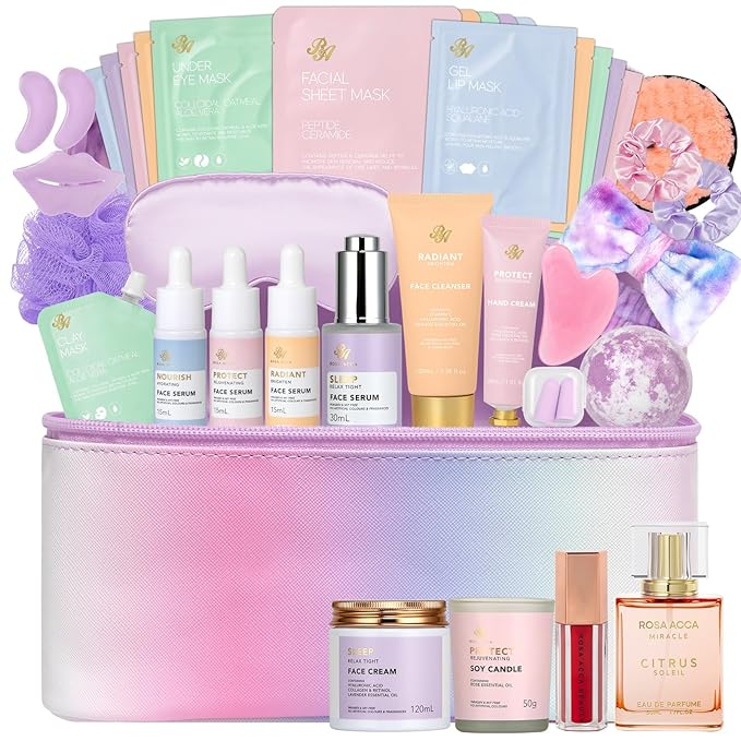 36 Pcs Valentines Day Gifts for Women , Hydrating Skin Care Kit, Bath and Body Gift Set, Face Sheet Mask, Leather Cosmetic Bag, Face Serum, Self Care Kit, Anniversary, Birthday, Mothers Day - Bloomnest