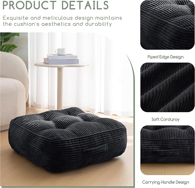 8" Washable Floor Pillow Cushion for Adults, Meditation Cushion Pillow, Large Square Floor Sitting, Removable Tufted Corduroy Cover, for Tatami Living Room or Yoga, 22x22 Inch, Machine Washable - Bloomnest