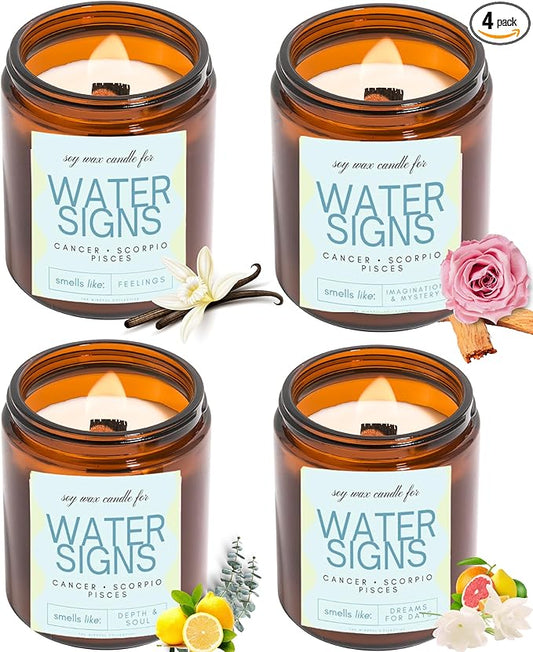 Pisces, Cancer, Scorpio Gifts for Women - 4Pack Wood Wick Candles, 6oz Small Candles Set for Women. Zodiac Astrology Birthday Spiritual Gifts, Natural Soy Wax - Bloomnest