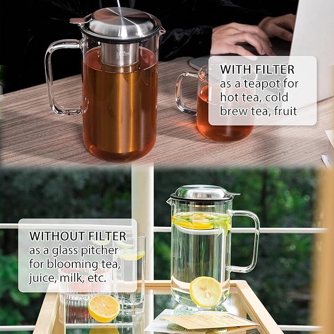 Aquach 51oz Glass Teapot with Stainless Steel Removable Infuser, Stovetop & Dishwasher Safe, Ideal for Loose & Blooming Tea Brewing - Bloomnest