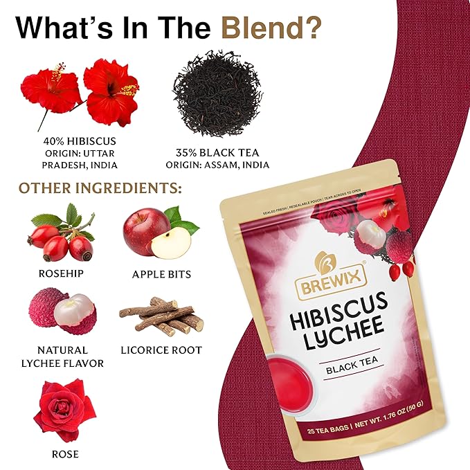 BREWIX, Hibiscus Lychee Tea Bags (25 Plant Based Tea Bags) Caffeine-Free, Made with Real - Hibiscus Flowers, Black Tea, Rosehip, Apple, Licorice, Rose | Contains Antioxidants & Support Overall Health - Bloomnest