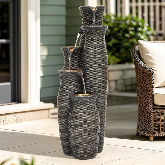 Outdoor Water Fountain with Lights, Faux Rattan Vase Fountain with 5-Tier Waterfall, Polyresin Cascading Waterfall Feature with Tranquil Oasis for Garden, Patio, Yard, or Porch - Bloomnest
