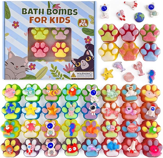Bath Bombs for Kids with Surprise Inside, 32 Pack Paw Bath Bombs with Toy, Ocean Animals and Space Planet Toys SPA Fizzy Handmade Natural Bath Bomb Gift Set at Christmas, Birthday - Bloomnest