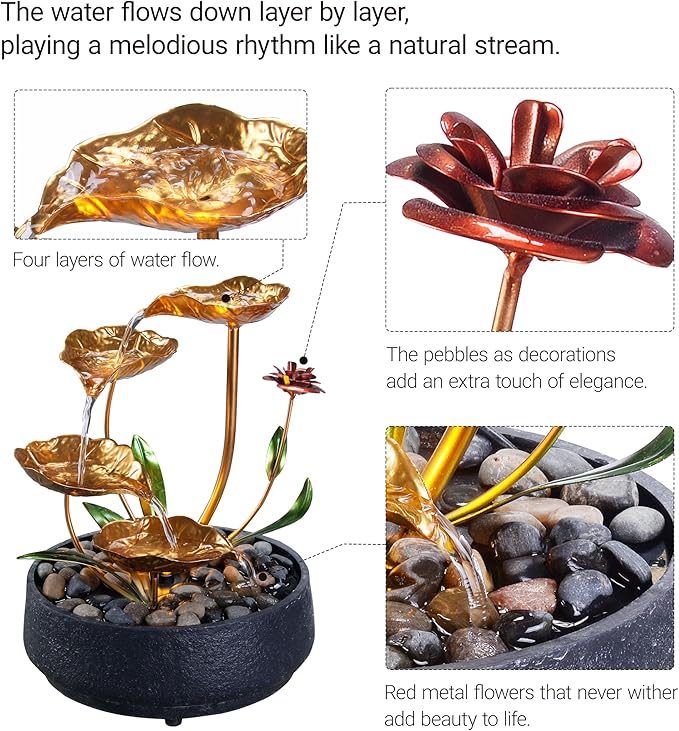 Tabletop Fountain Metal Lotus Circulating Fountain Water Feature for Zen Home Decor Warm Yellow Scene Light(23034) - Bloomnest