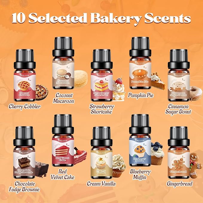 Bakery Essential Oils Set,Premium Fragrance Oil for Diffusers, Scents for Candle & Soap Making, Pumpkin Pie, Cream Vanilla, Gingerbread,Cinnamon Sugar Donut and Cake More 10x5ml,Aromatherapy Oils - Bloomnest