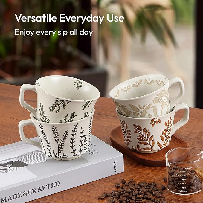 Ceramic Coffee Mug, 12 oz Novelty Unique Teacup with Handle, Stoneware Cup for Tea Mocha Latte Cappuccino Espresso (Set of 4, Butterfly Grass Ivy and Leaf) - Bloomnest